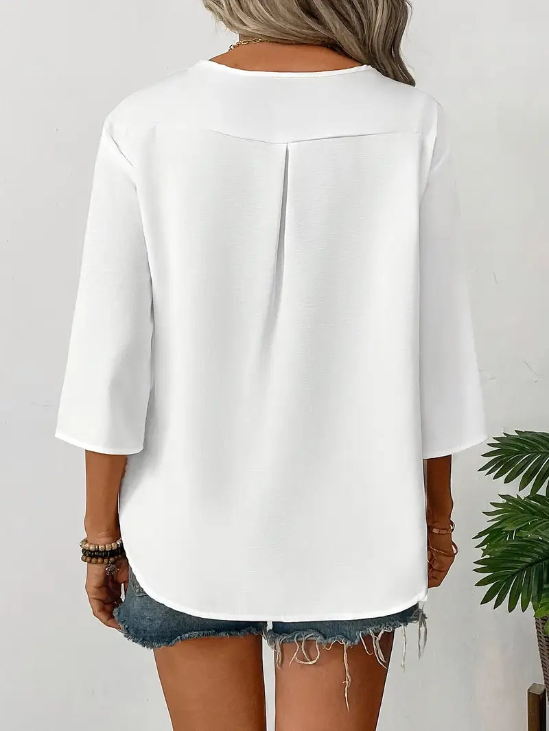 NISWA STYLE Elegant V-Neck Long Sleeve Blouse, Loose Fit Solid Color Button-Up Shirt With Faux Buttons, Lightweight Top For Casuall And Formal Wear