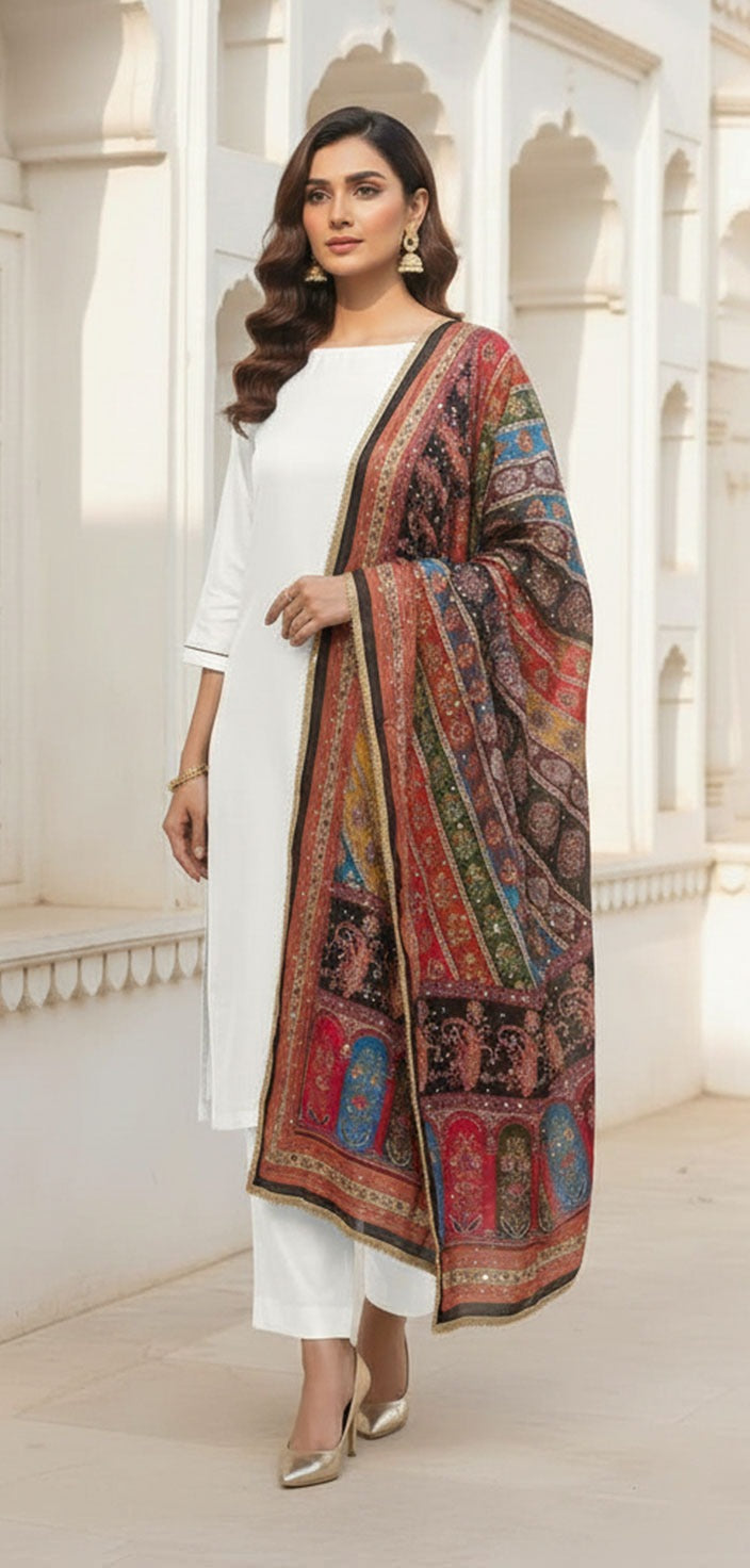 Colourful Ethnic Suit Set With Spectacular Embellished Mirrored Dupatta
