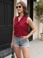Stylish Sleeveless Ruffle Trim Blouse – European Style Summer Top, Lightweight Casual T-Shirt For Summer Fashion