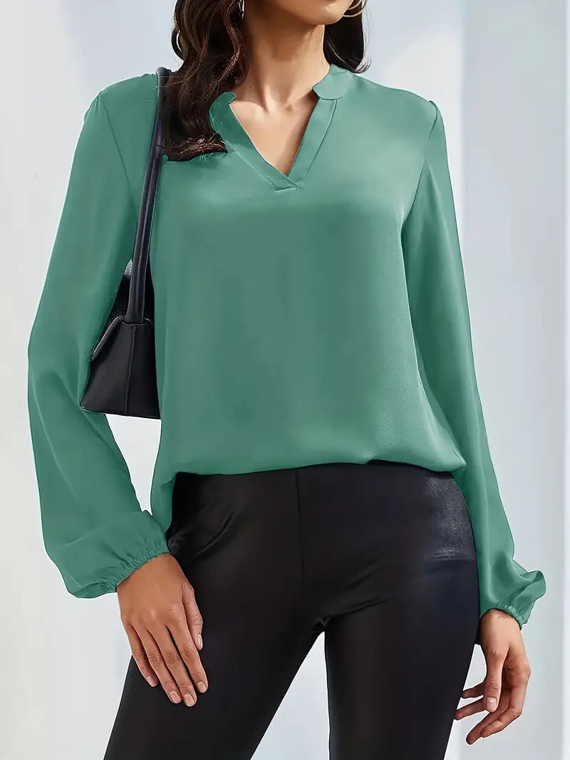 Casual V-Neck Lantern Sleeve Solid Shirt – Elegant Loose Fit Blouse For Styling Work And Daily Wear
