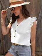 Elegant V-Neck Blouse With Puff Sleeves, Chic Button Down Shirt, Stylish Top Casual And Office Wear
