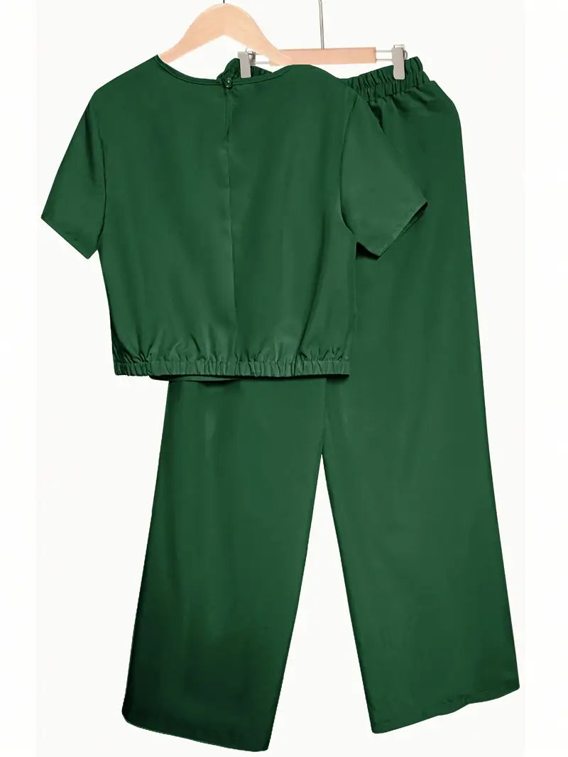 Elegant 2-Piece Set, Short Sleeve Top & Wide Leg Pants With Pockets, Regular Fit, Effortless Casual & Dressy Wear