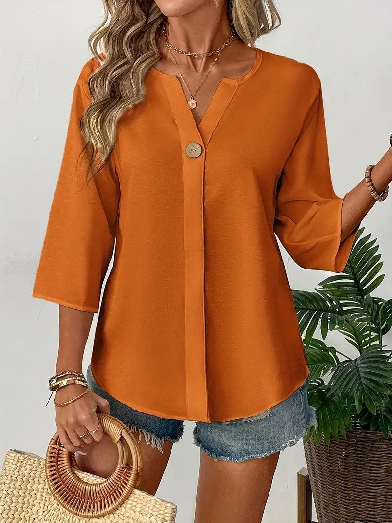 NISWA STYLE Elegant V-Neck Long Sleeve Blouse, Loose Fit Solid Color Button-Up Shirt With Faux Buttons, Lightweight Top For Casuall And Formal Wear