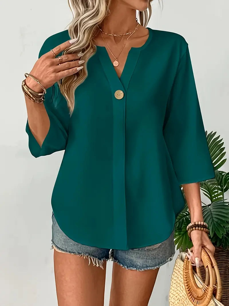 NISWA STYLE Elegant V-Neck Long Sleeve Blouse, Loose Fit Solid Color Button-Up Shirt With Faux Buttons, Lightweight Top For Casuall And Formal Wear