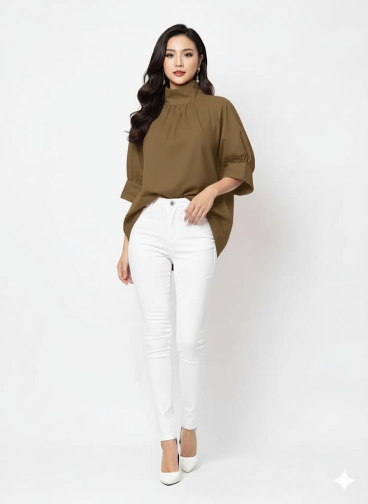 NISWA STYLE Casual Turtleneck Tunic Top – Half Sleeve  Non-Stretch Woven Fabric, High Neck Loose Fit Shirt For Women
