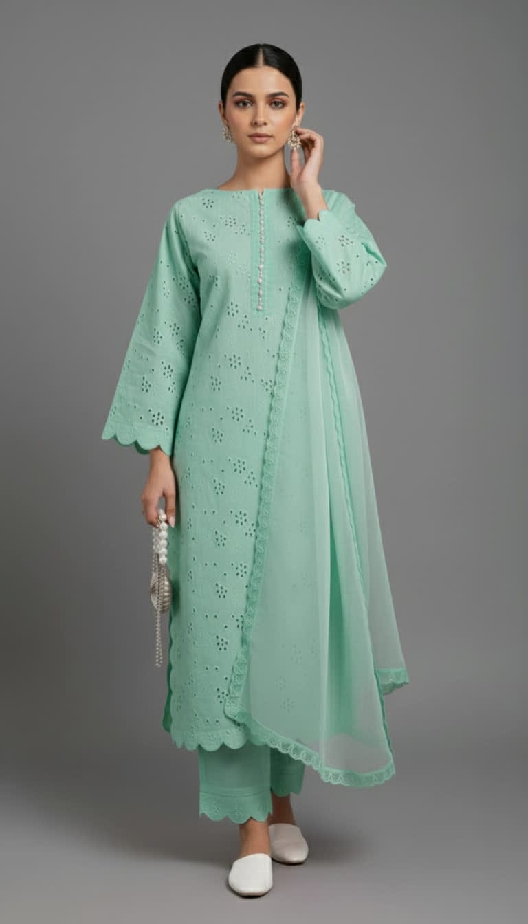 Premium Chikankari Salwar Kameez –  Long Shirt With Scallop Border, Cotton Trouser & Elegant Dupatta - New Light-Shade Collection For Women