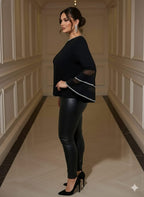 Women's Elegant Bell Sleeve Blouse – Elastic Waistband & Ruffle Detail, Round Neck Stretchy Top In Black & White Contrast – Nontransparent Fabric