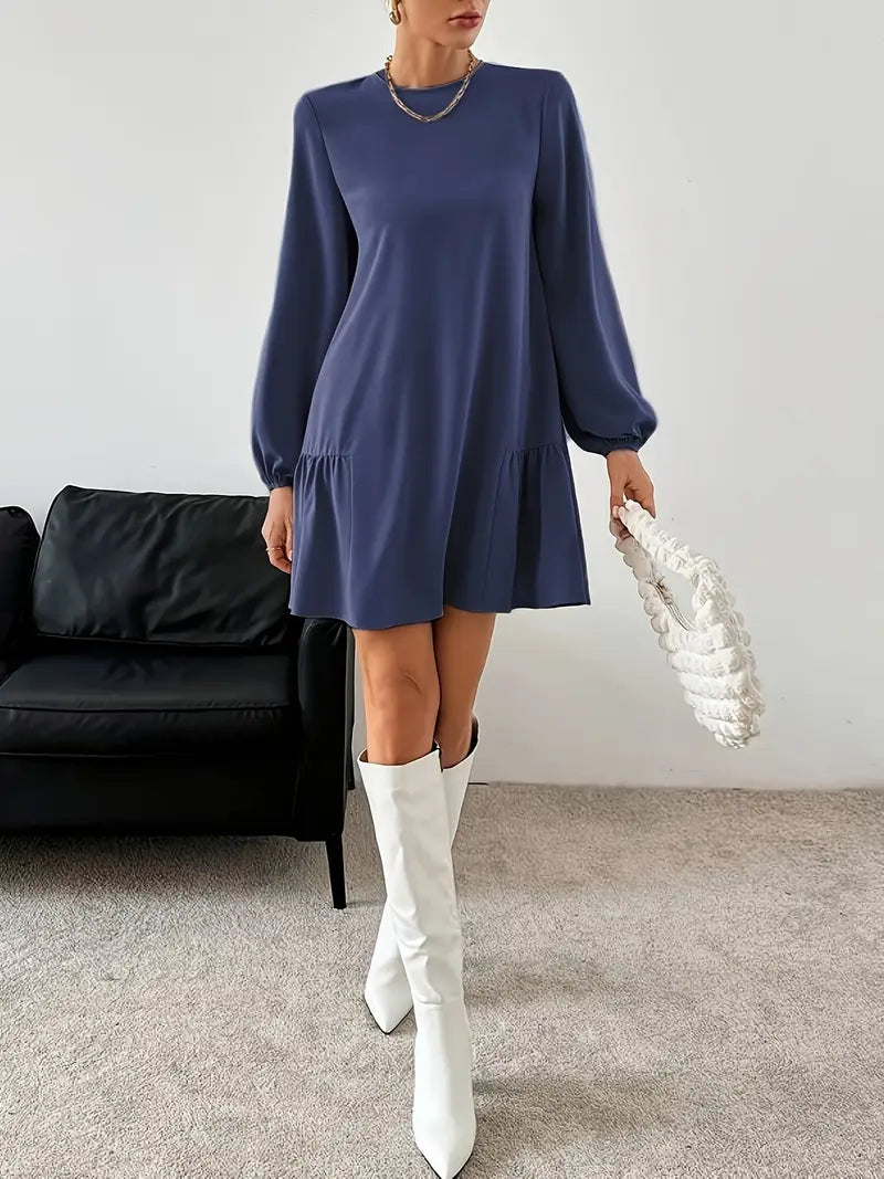 Elegant Navy Blue A-Line Dress – Puff Sleeve Short Dress With Flared Hem & Round Neck | Wrinkle-Resistant