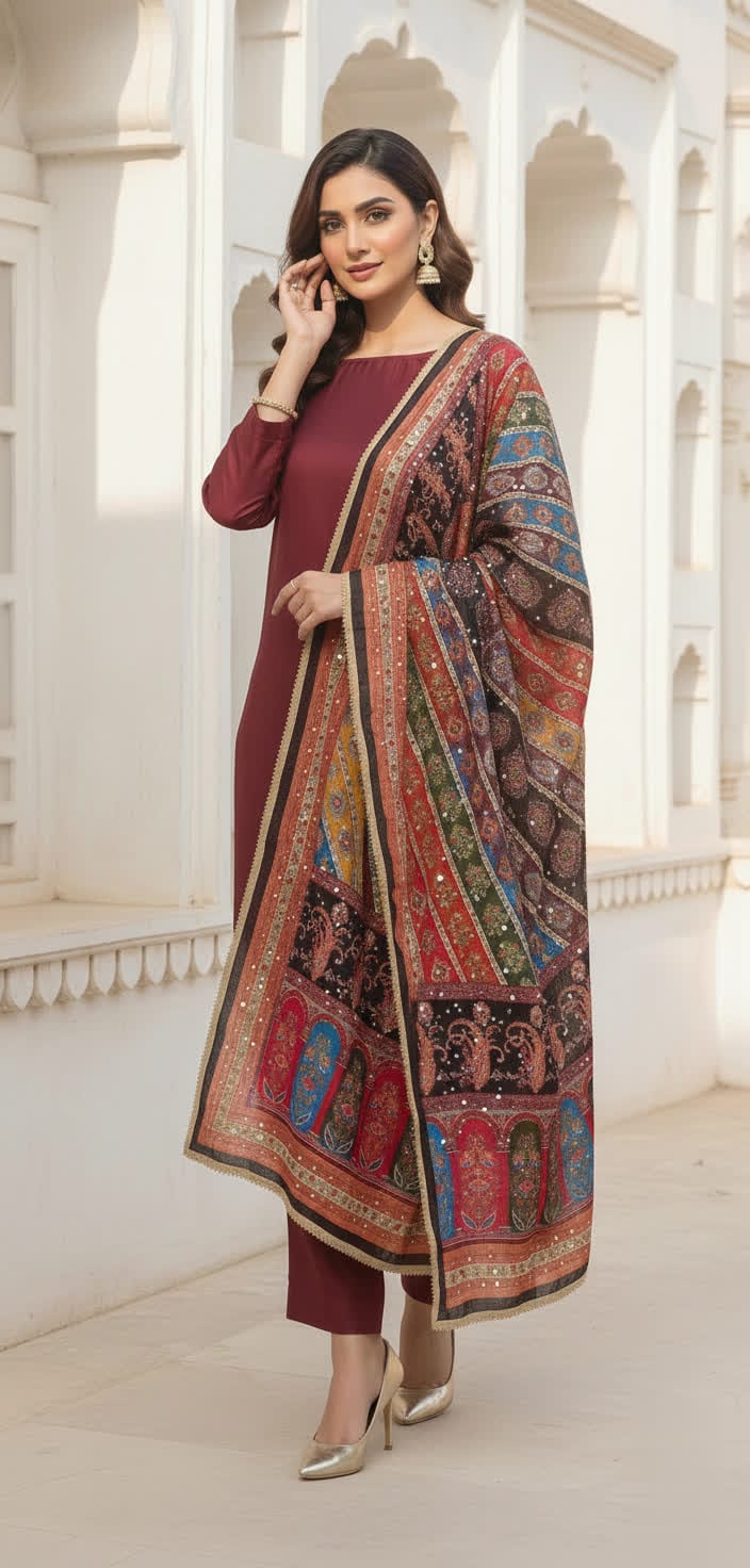 Colourful Ethnic Suit Set With Spectacular Embellished Mirrored Dupatta