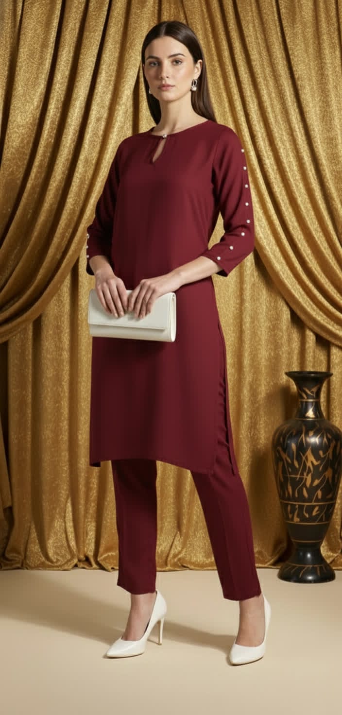 Sophisticated Pearl Detail Co-ord Set For Women, Elegant Shirt Pearl Work Top With Tailored Straight Pants.