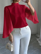 Elegant Red Ruffle Sleeve Blouse – Stand Collar Button-Up Long Sleeve Shirt For Women | Feminine Chic Ruffle Detail Blouse