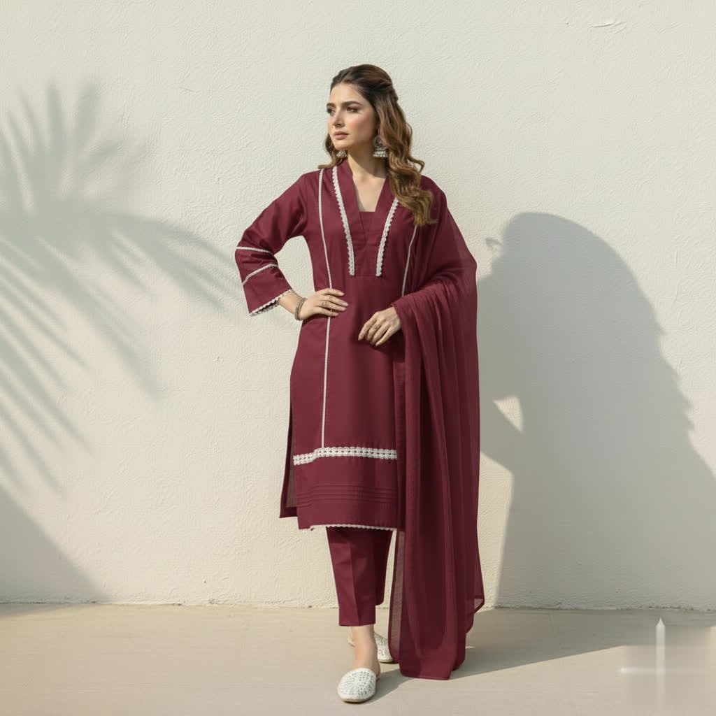 Classic Solid Cotton Ethnic 3-Piece Suit With Lace Embellishment