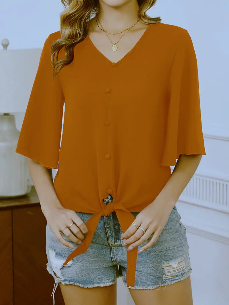 Elegant Blouse –  V-Neck Top With Bell Sleeves And Decorative Buttons For Casual Or Dressy Outfits