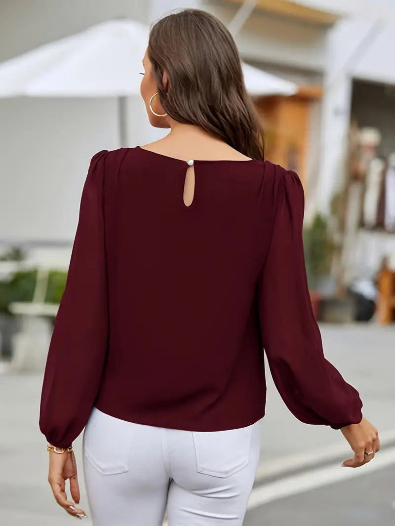 Elegant Long Puff Sleeve Smock Shirt, Round Neck Blouse, All-Season Top For Casual And Formal Outfits
