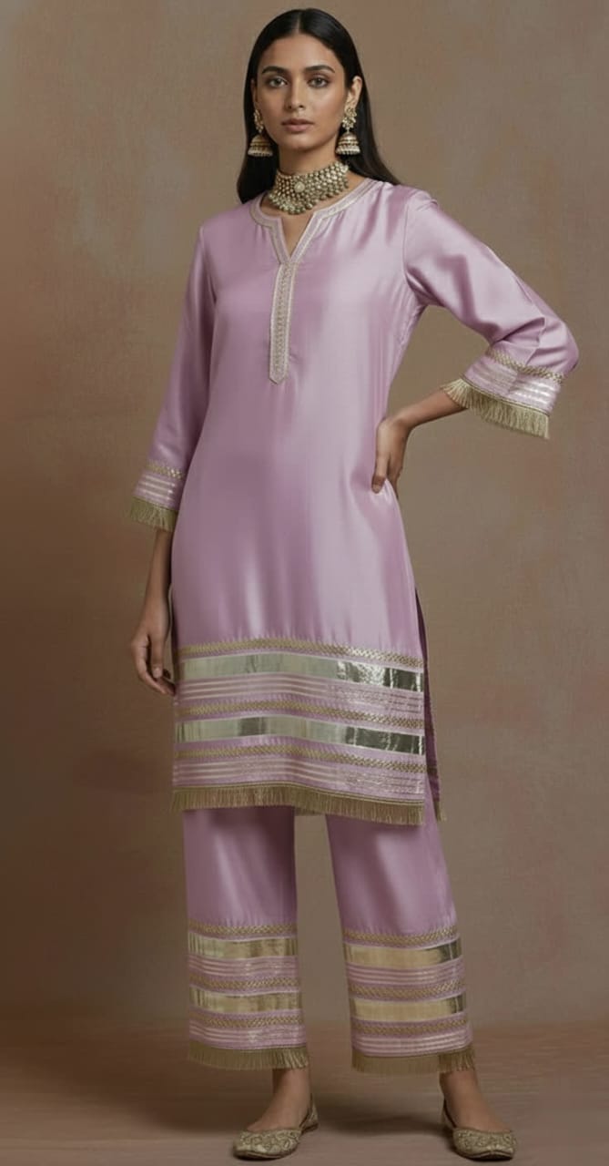 Elegant Red Chanderi Kurta – Traditional Straight-Cut Suit With Gold Gota Work, Lace Border, Flared Sleeves & Lined Finish