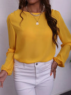 Vibrant Yellow Long Sleeve Blouse – Chiffon Lantern Sleeve Round Neck Shirt, Stylish All-Season Women’s Top