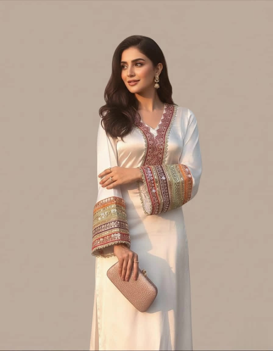 Classic Ivory Party Wear Three Piece Suit With Multicolor Sleeve Embellishments.