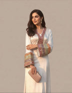 Classic Ivory Party Wear Three Piece Suit With Multicolor Sleeve Embellishments.