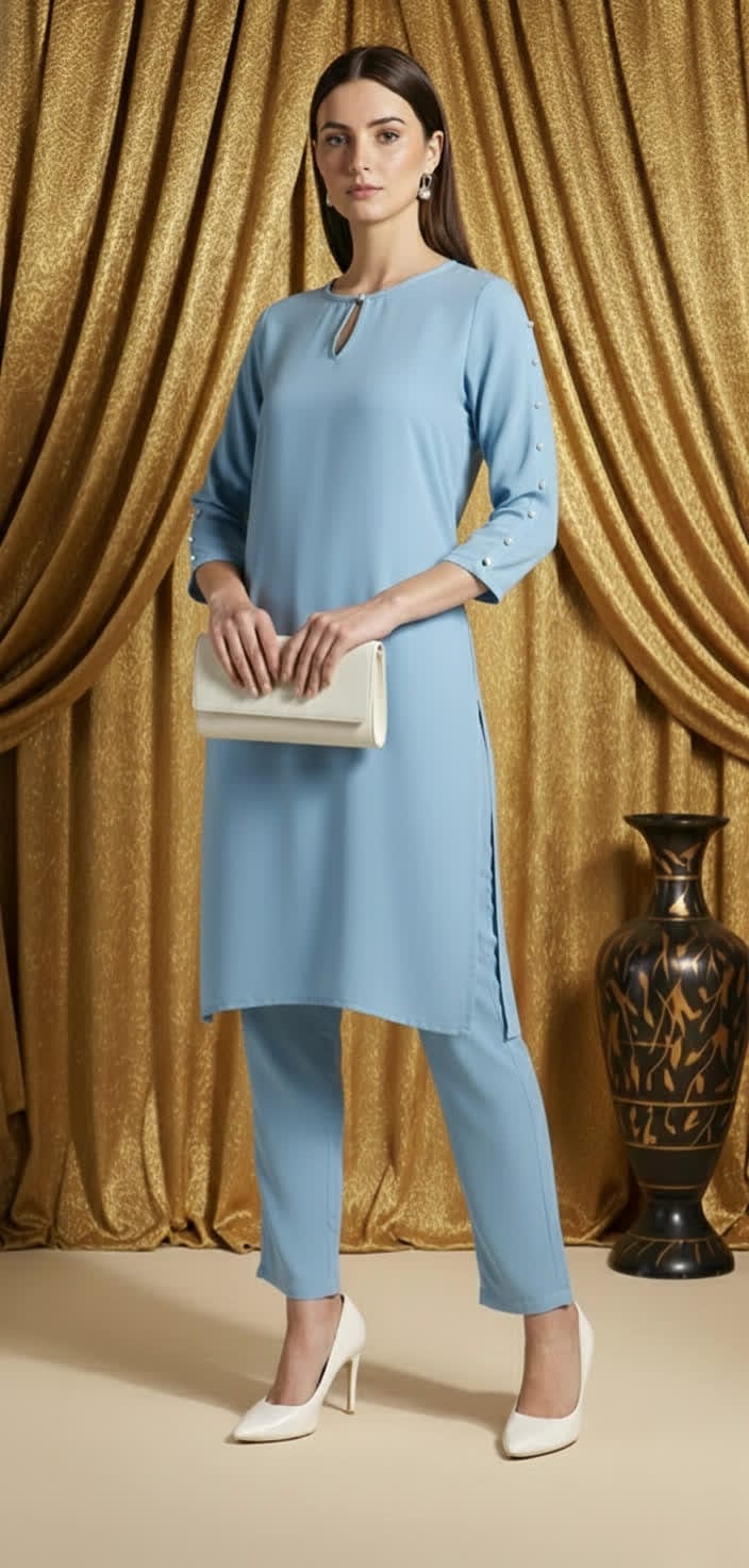 Sophisticated Pearl Detail Co-ord Set For Women, Elegant Shirt Pearl Work Top With Tailored Straight Pants.