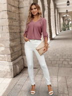 Button-Up Women’s Shirt, V-Neck Long Sleeve Blouse With Sophisticated Design, Casual And Office Fashion Top