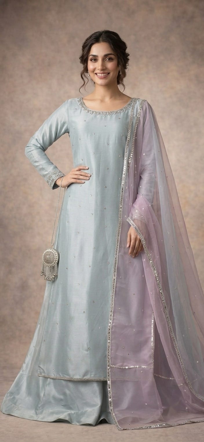 Elegant Pastel Blue & Lilac Silk Shirt Trouser Set With Dual-Tone