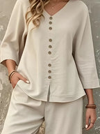 Women’s Casual Two-Piece Set – Long Sleeve Pullover With Fake Buttons & Pleated Wide-Leg Pants, All-Season Outfit
