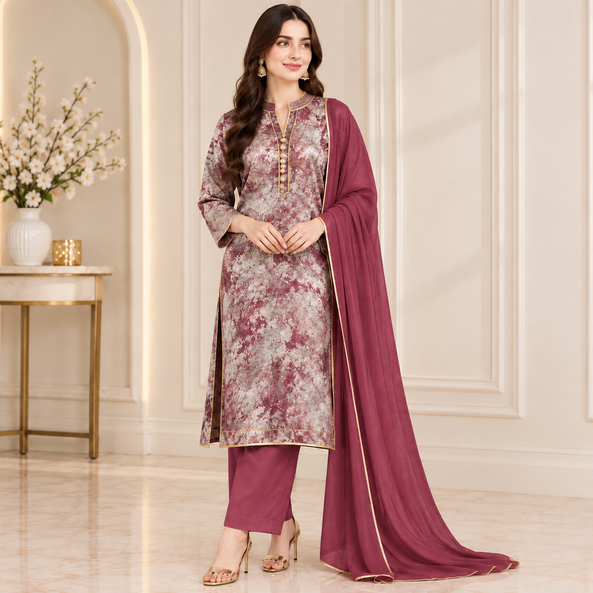 Maroon Korean Silk Outfit With Gold Print