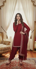 Elegant Silk Short Shirt Patiala Salwar Kameez With Gota Lace Dupatta.