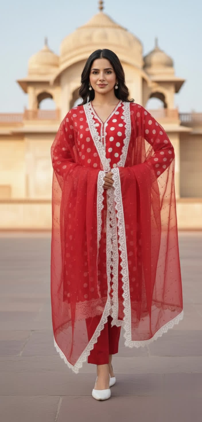 Elegant Red & White Polka Dot Salwar Kameez Set With Lace Dupatta.