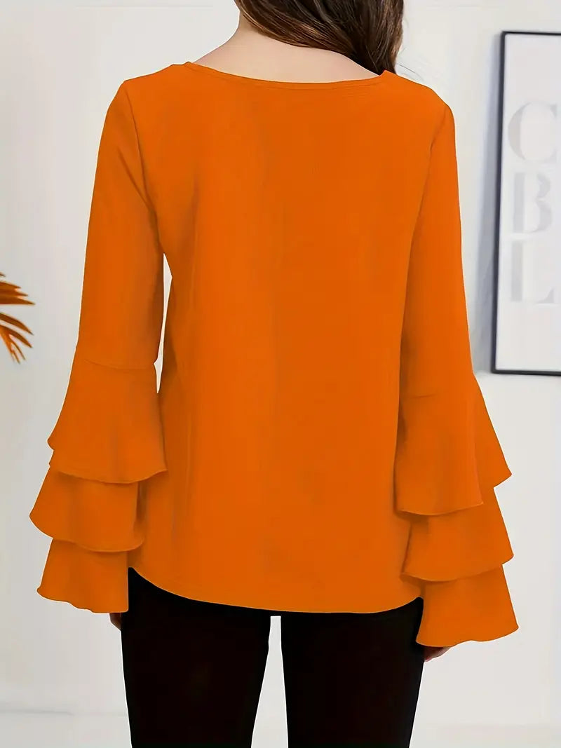 Elegant Layered Flared Sleeve Blouse, Round Neck Long Sleeve Top, Lightweight Structured Fit, Casual & Formal Stylish Shirt