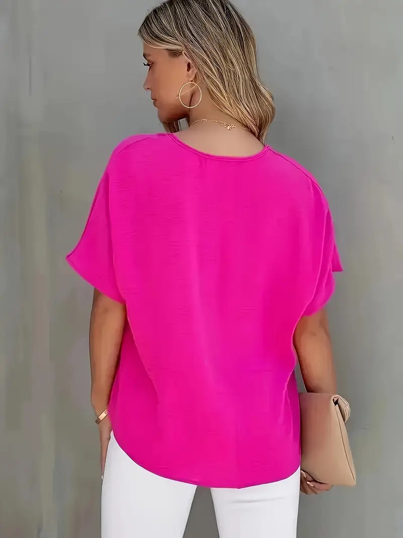Elegant V-Neck Short Sleeve Blouse, Neckline Shirt With Glossy Finish, Breathable Top For Office And Casual Outings