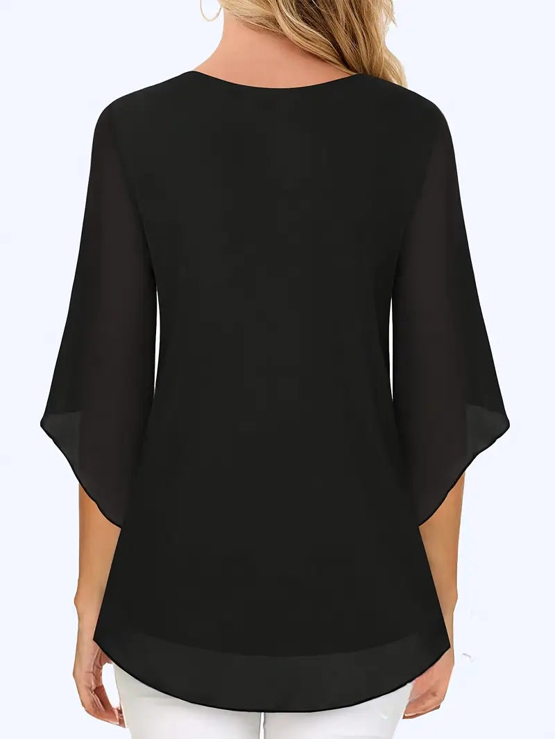 Elegant V-Neck Shirting Blouse, 3/4 Sleeve Top With Double Layer Mesh, Hollow Details, Casual & Formal Blouse