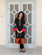 Trendy Black Kurta Set With Orange Hem & Multicolor Sleeves