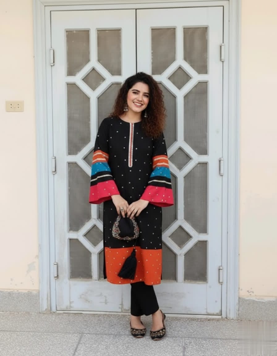 Trendy Black Kurta Set With Orange Hem & Multicolor Sleeves