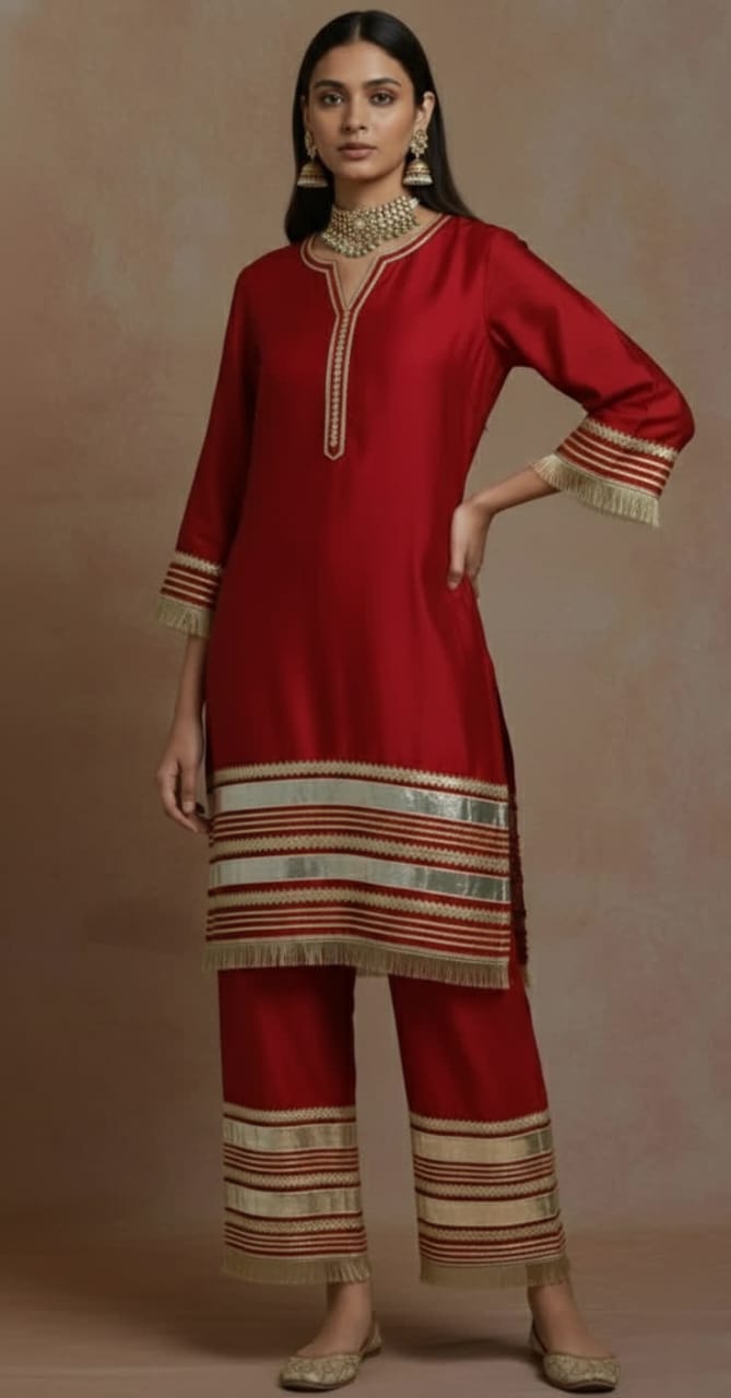 Elegant Red Chanderi Kurta – Traditional Straight-Cut Suit With Gold Gota Work, Lace Border, Flared Sleeves & Lined Finish