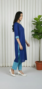 Women’s Royal Blue Kurta Pant Set – 3/4 Sleeve Shirt With White Circle Design & Sky Blue Trouser.