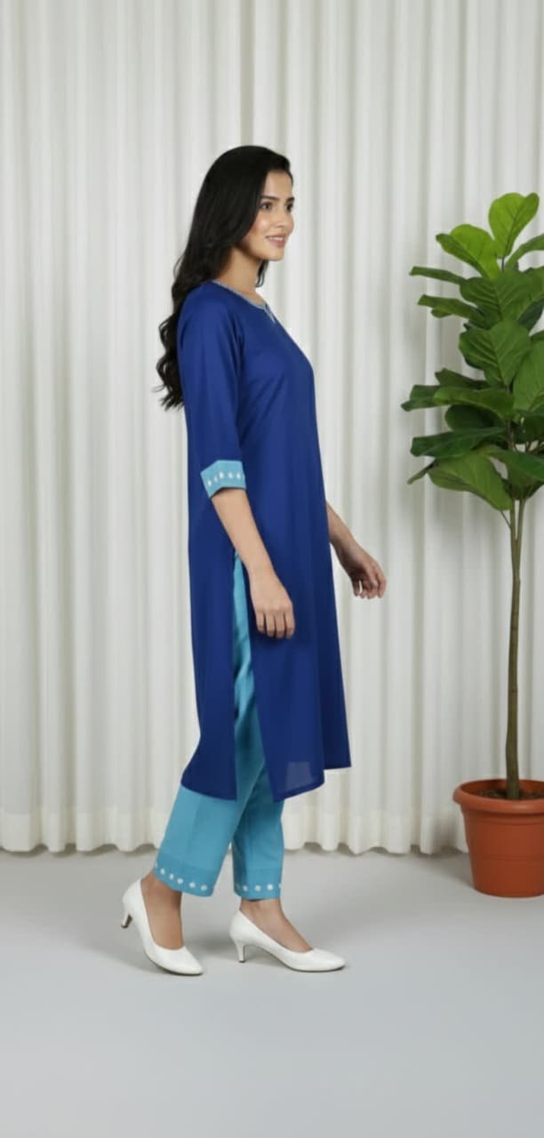 Women’s Royal Blue Kurta Pant Set – 3/4 Sleeve Shirt With White Circle Design & Sky Blue Trouser.