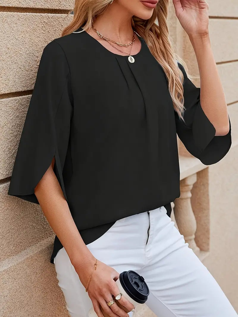 Elegant Puff Sleeve Blouse – Round Neck Button-Front Slit Hem, Short Jacket-Inspired Top For Casual And Office Wear