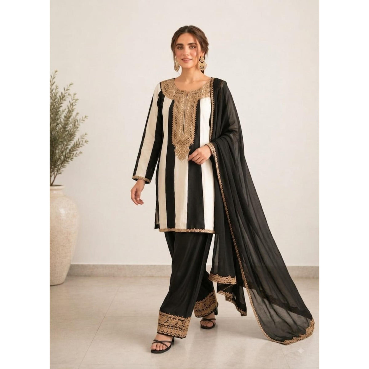 Black & White Striped Linen Suit With Gold Lace