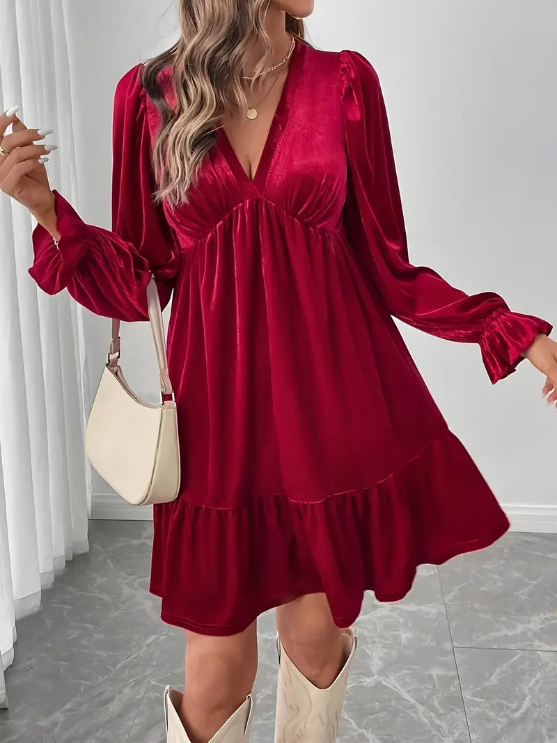 Elegant Burgundy A-Line Mini Dress – Long Sleeve Ruffled Hem Party Dress, Knee-Length Flowy Outfit