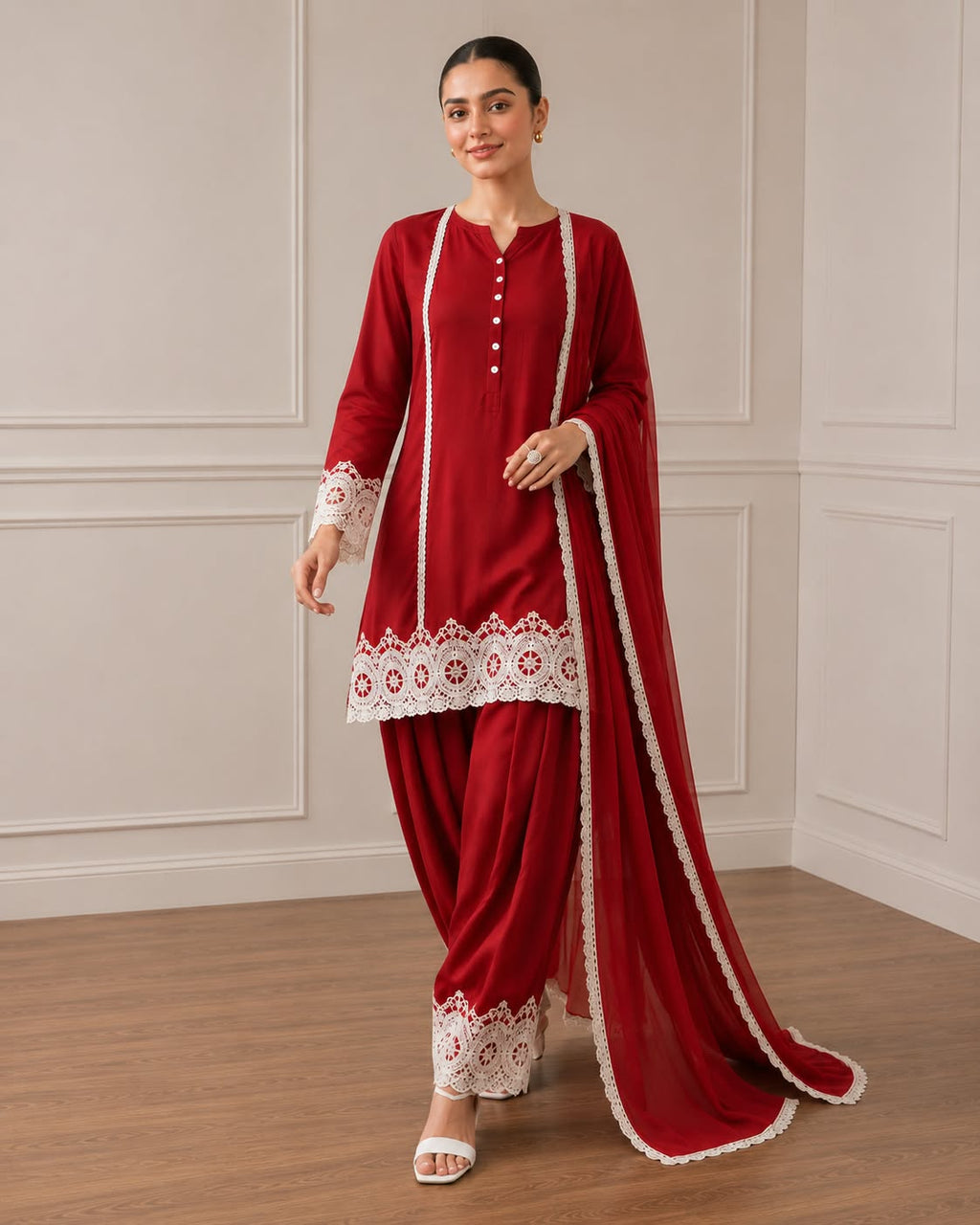 Red Luxury Pret Farshi Salwar Suit With White Lace Detailing