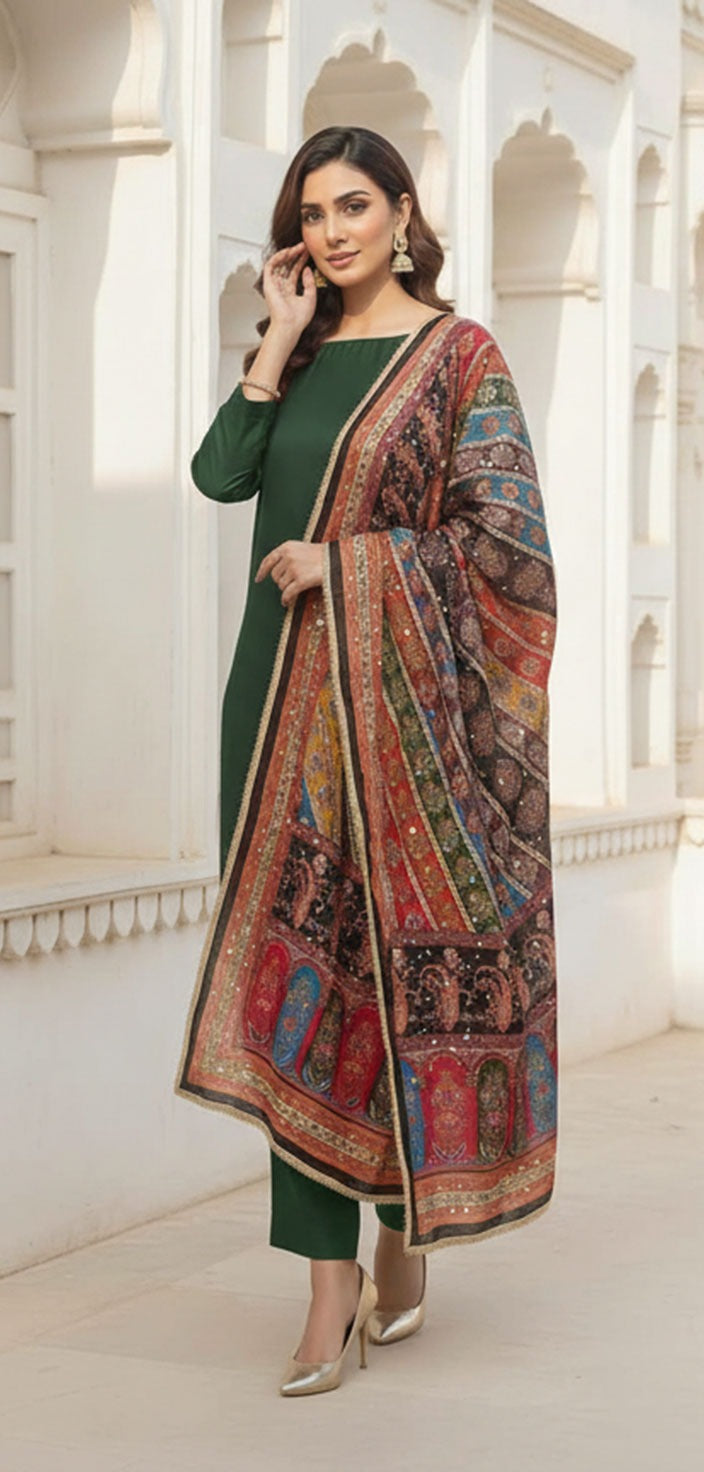 Colourful Ethnic Suit Set With Spectacular Embellished Mirrored Dupatta