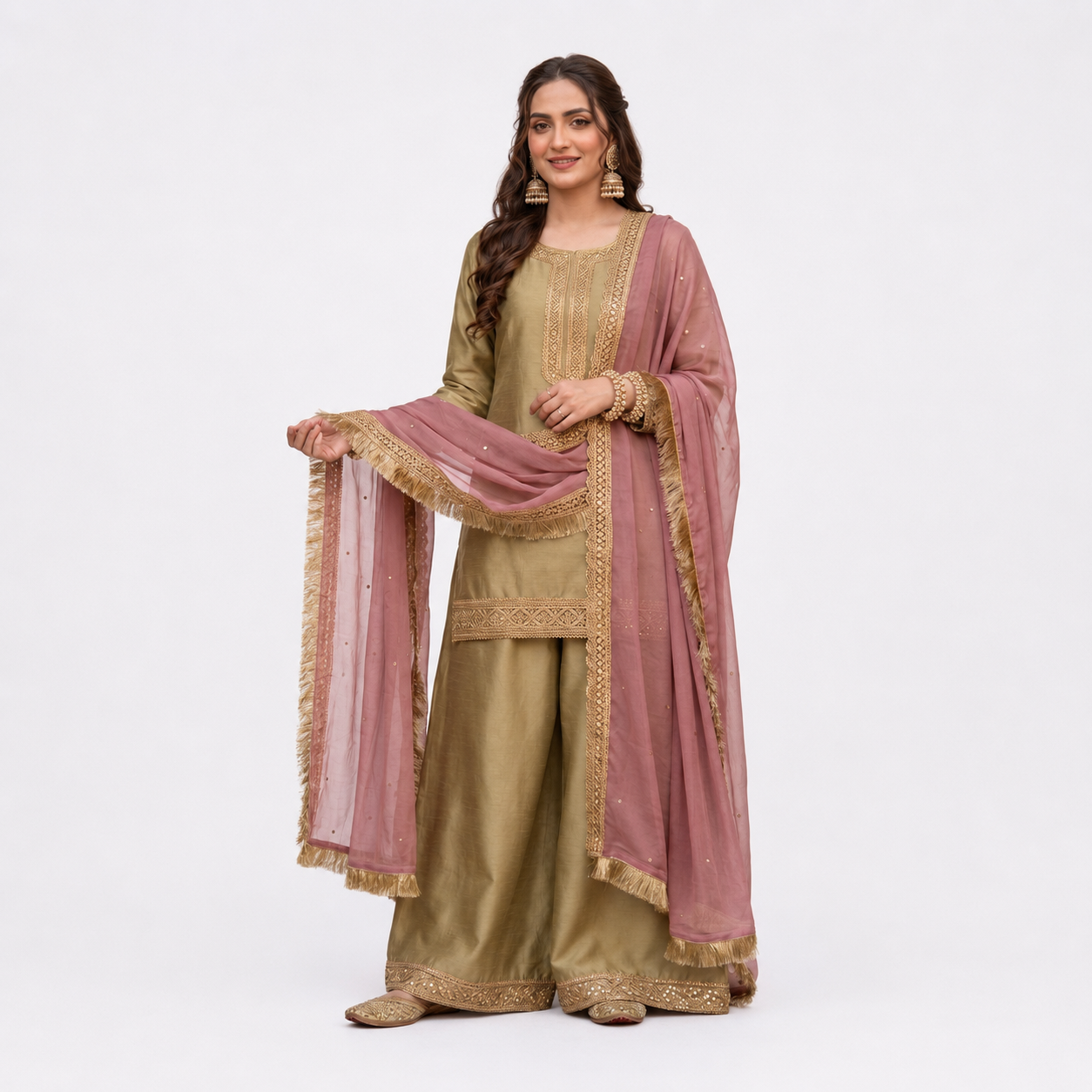Elegant Golden Beige Suit With Mauve Dupatta