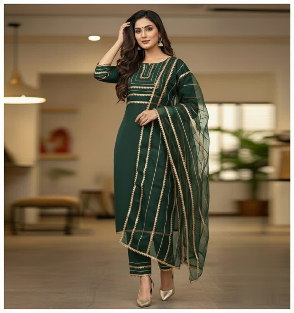 Asymmetrical Gota Patti Kurta Set – Light Gold Embroidered Bodice, Flounce Sleeves, Gold Trim Salwar Kameez With Sheer Gota Dupatta.