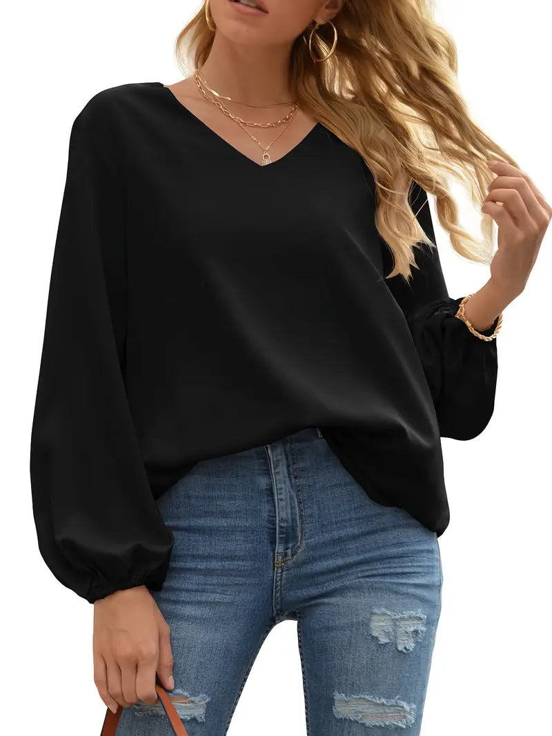 Casual V-Neck Long Sleeve Blouse, Lantern Sleeve Pullover Shirt, Lightweight Top For Seasonal Wear