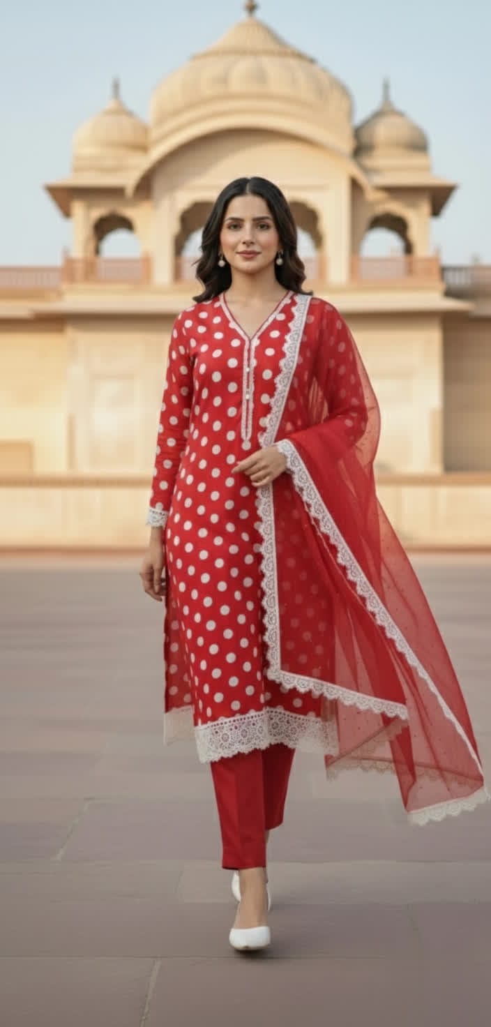 Elegant Red & White Polka Dot Salwar Kameez Set With Lace Dupatta.