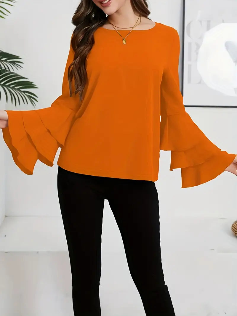 Elegant Layered Flared Sleeve Blouse, Round Neck Long Sleeve Top, Lightweight Structured Fit, Casual & Formal Stylish Shirt