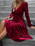 Elegant Crimson Formal & Party Dress – V-Neck A-Line Gown For Women With Ruffled Sleeves, Flared Hem & Sophisticated Texture