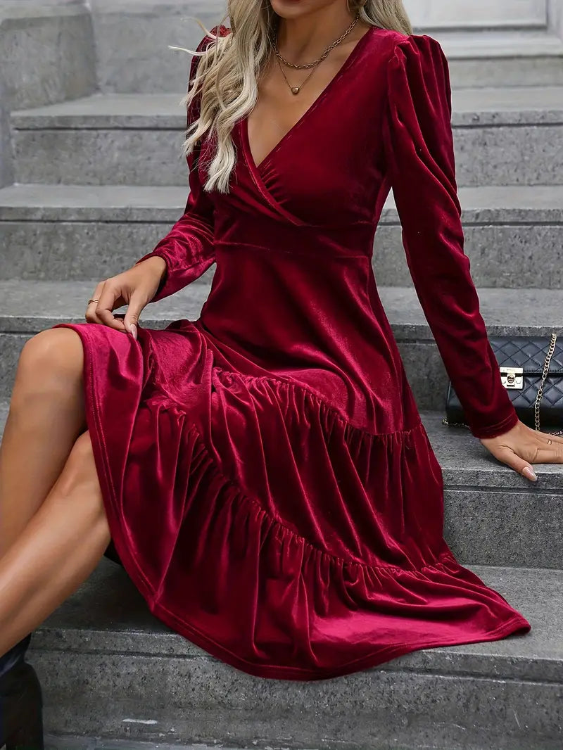 Elegant Crimson Formal & Party Dress – V-Neck A-Line Gown For Women With Ruffled Sleeves, Flared Hem & Sophisticated Texture
