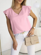 Casual V-Neck Blouse With Ruffle Sleeves – Lightweight Top, Button-Up Front Shirt, Everyday Casual Wear
